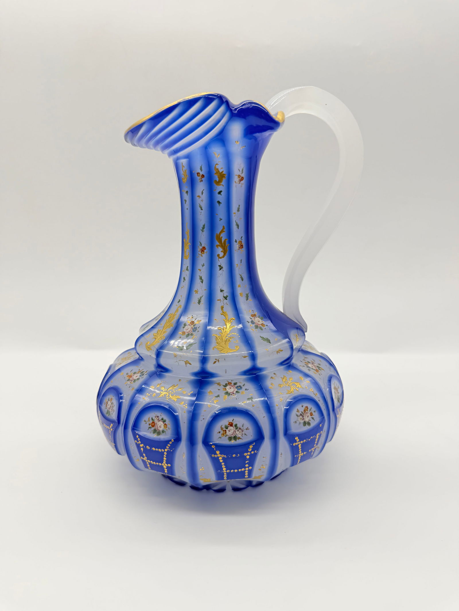 Magnificent Antique triple Overlay Bohemian Opaline glass ewer,Barfatan glass: Most Wonderful XIX century Bohemian Overlay glass ever extraordinary shape,magnificent colours,enamelling,quality,condition.Truly exceptional piece.H:25cmW:17cm