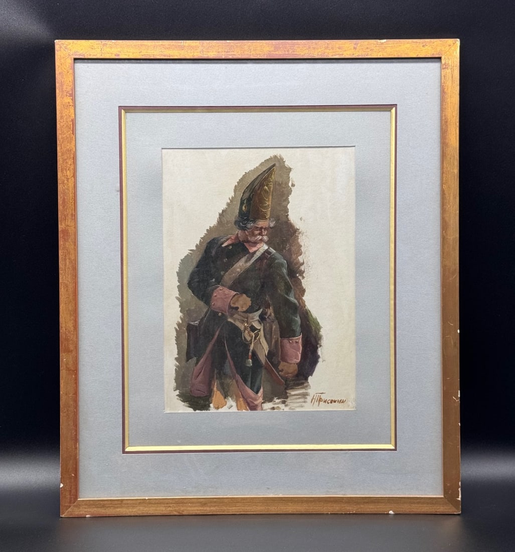 Russian Watercolour Of The Old Soldier,grenadier,signed Prisekin (1 of 7)