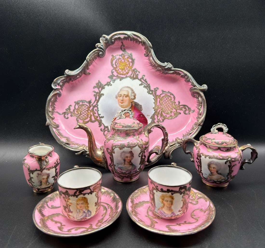 Tete-a-tete in Sevres porcelain mounted in Louisxvi & Marie Antoinette silver: Extraordinary very rare Sevres porcelain coffee service with silver mount depicting portraits of the royal family