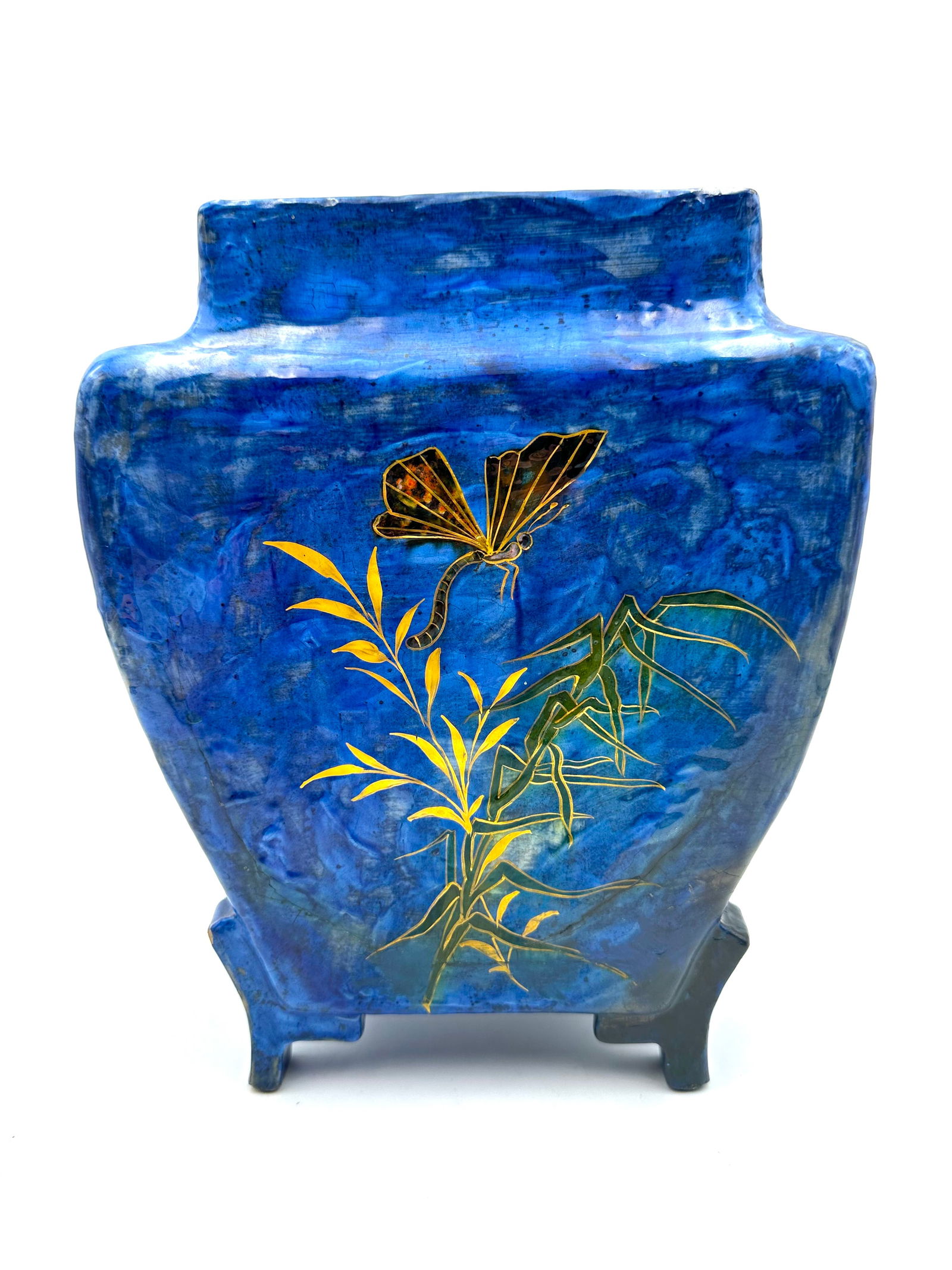 Magnificent French Art Nouveau Centre Piece/cache Pot In Japanese Style ,lapis Lazuli background: H:26cmL:21,5cmPerfect condition.