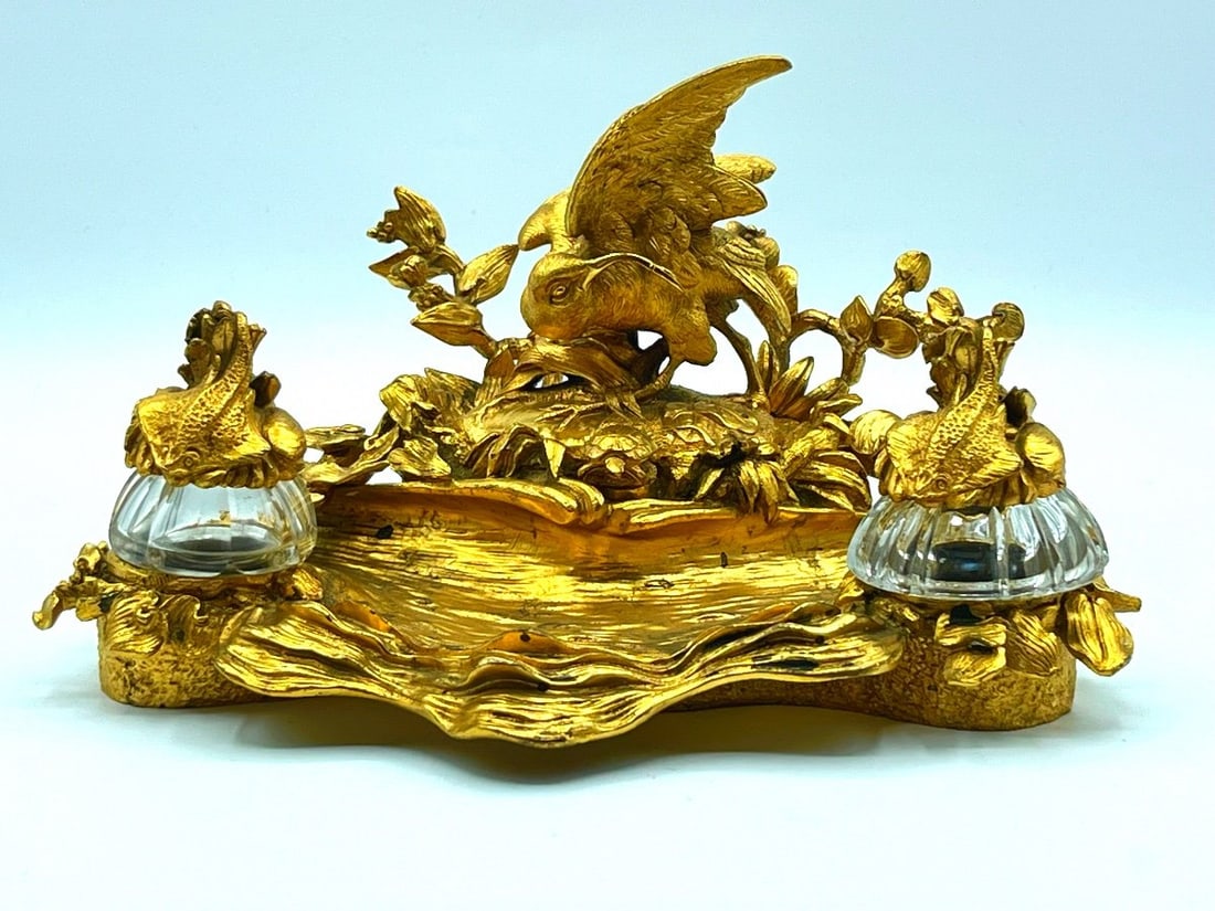 Wonderful Antique Old Bronze Inkwell Decorated With Birds,fish With Tortoise And Glass Pots,France (1 of 19)