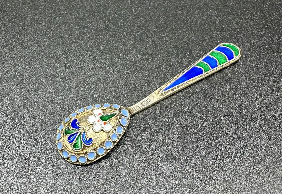 Russian Antique cloisonné enamel spoon for salt cellar (1 of 9)