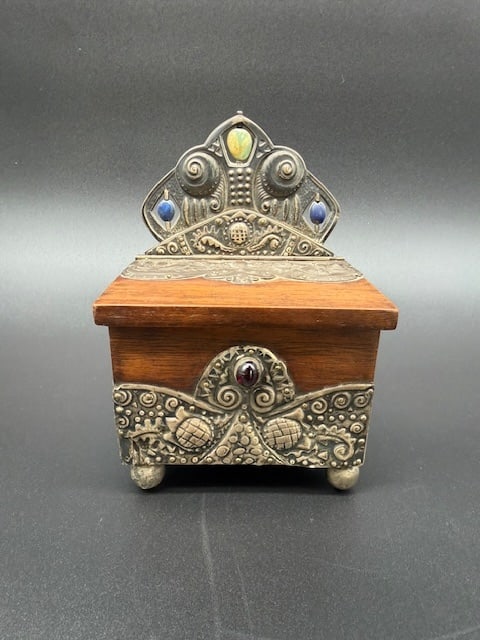 Antique Wooden and Silver enamel “Russian Modern?? chair shaped box. Marked.: Wooden and Silver enamel “Russian Modern” chair shaped box.Marked.Decorated with cabochon stones.Condition: Very Good
