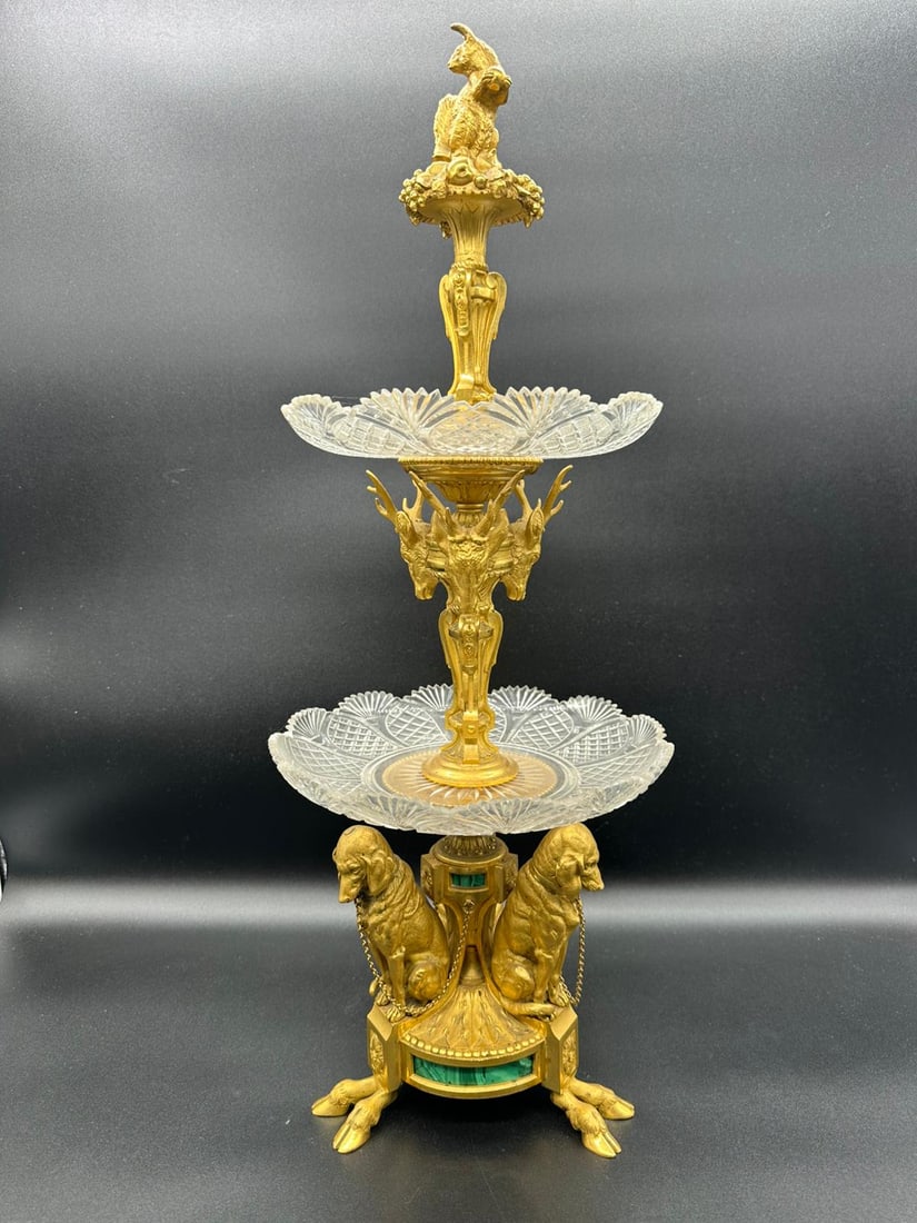Russian Imperial Centrepiece crystal,bronze,malachite with dogs,deers and squirrel figurines. Very: Large centrepiece,perfect example of Russian Imperial glass factory.Measures: 60/21 cmHeight:60cmCondition:Perfect