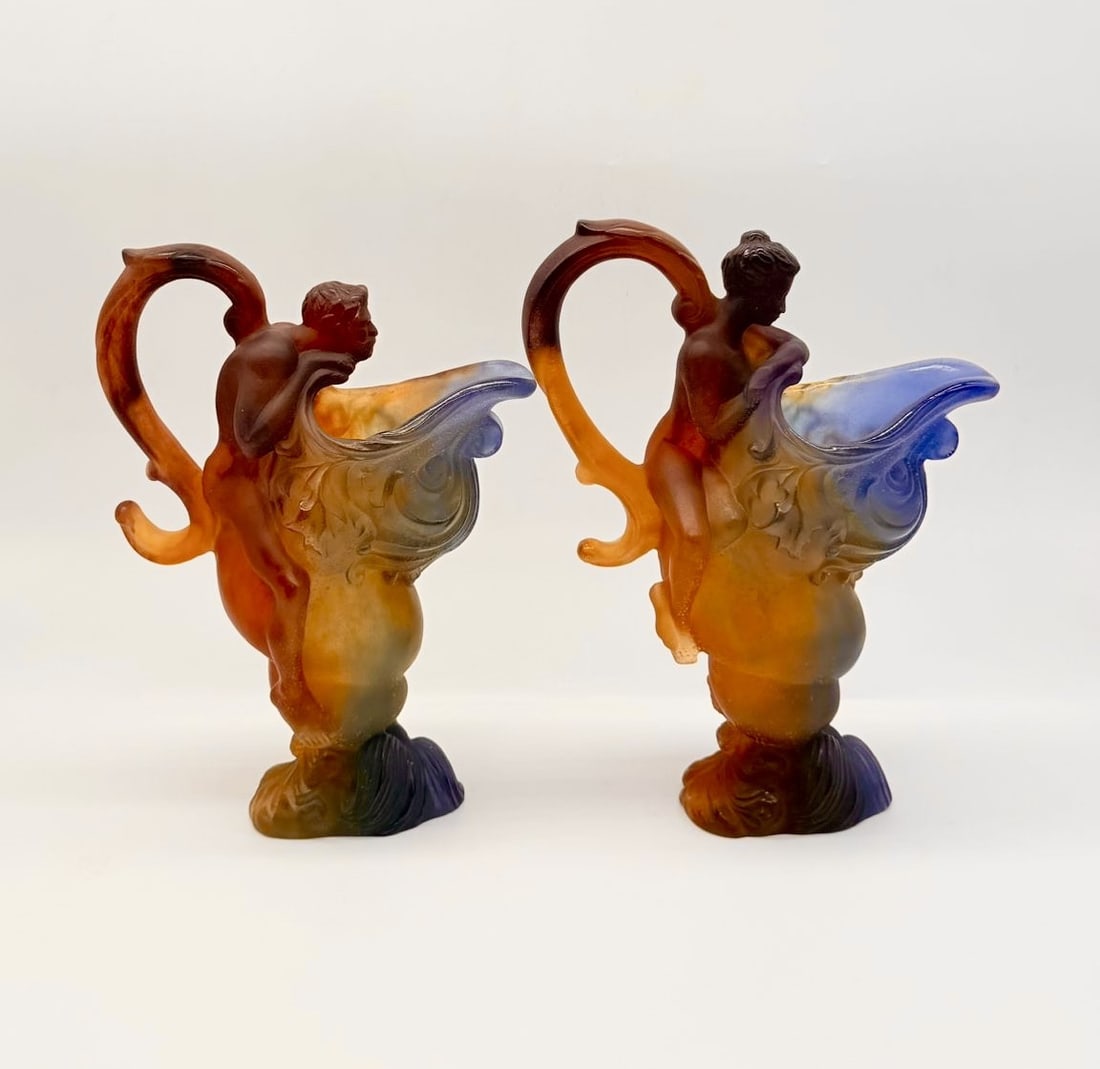 Wonderful Pair of Art Nouveau Glass Mythology Ewers, Signed Daum France pate de verre.: Wonderful Pair of Art Nouveau Glass Mythology Ewers, Signed Daum France pate de verre.Perfect Condition.Measures:32cm high