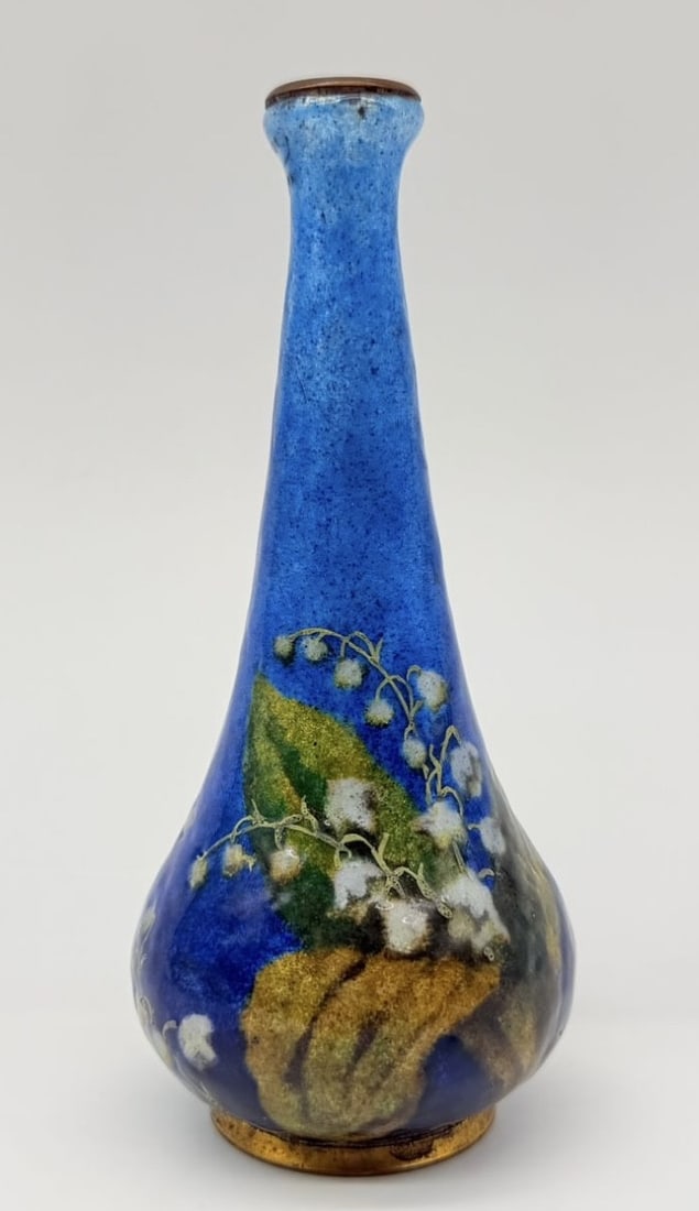 Jules Sarlandie (1874-1934), Enamel Vase, Limoges, Early 20th Century: Very beautiful enamelled copper vase, with swollen body, strangled neck and round heel. It is signed on the J.Sarlandie base. Shimmering decor, glitter, shades of blue,turquoise lily of the valley