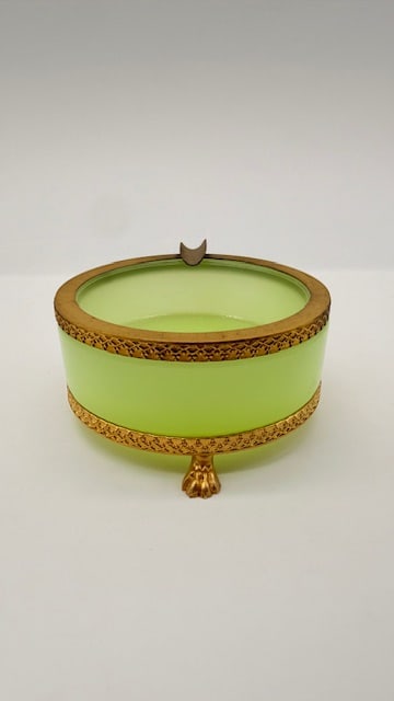 French Opaline Green glass ashtray raised on three lion shaped feet: Gilded Bronze mount,perfect condition.