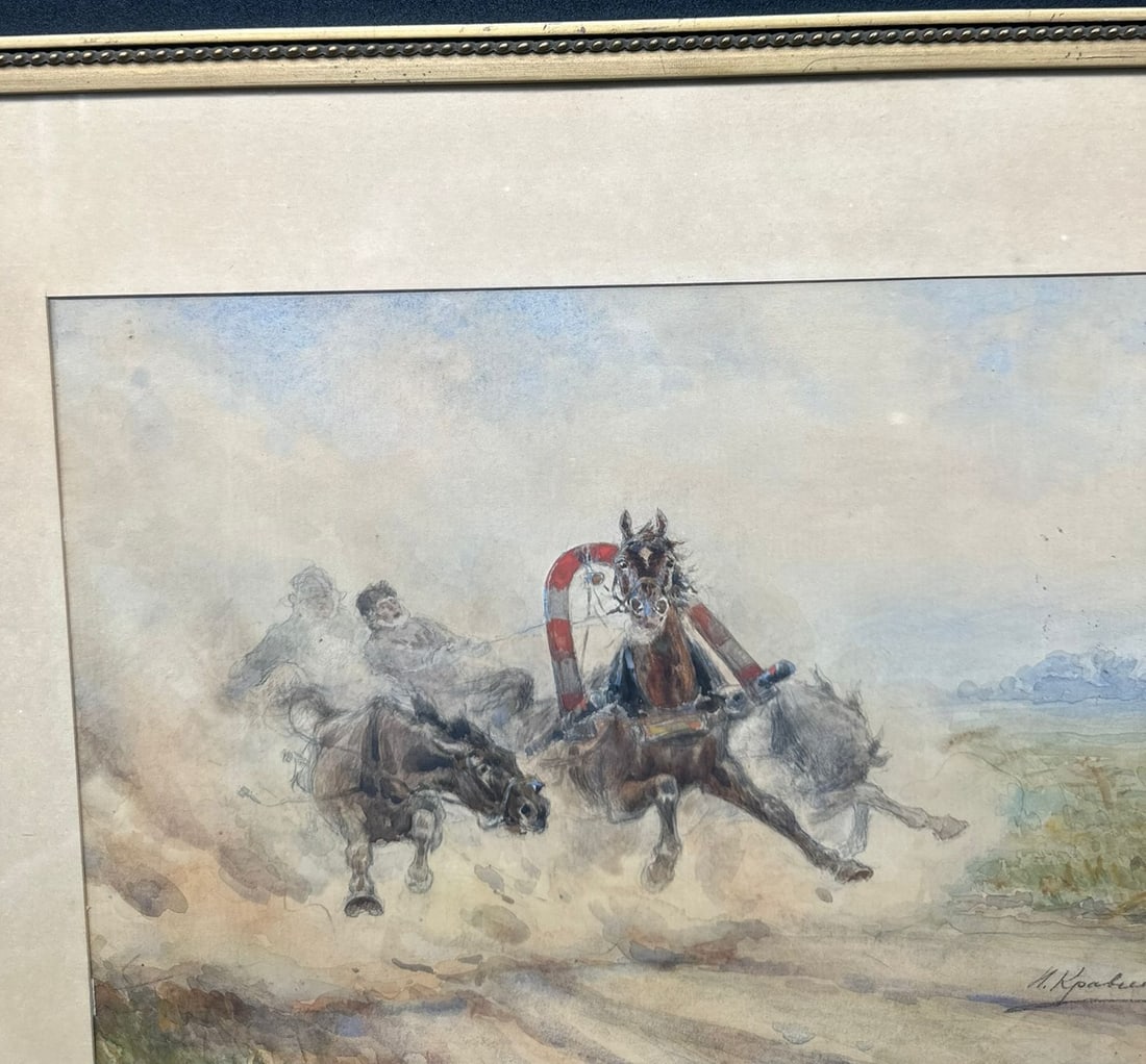 Russian watercolour,Troika.signed - 16