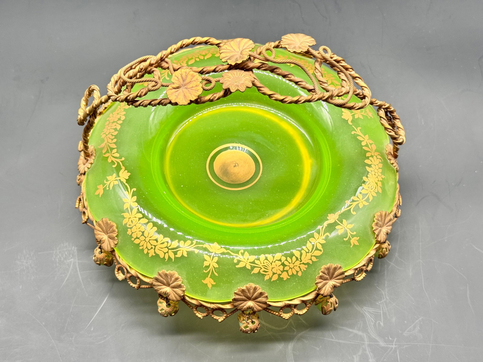 Extremely Rare! 19century French Uranium Opaline Glass casket shaped centerpiece with bronze: Incredible masterpiece. Very rare to find.Provenance:Collection of Yves Saint Lauren.Paris auction 1978