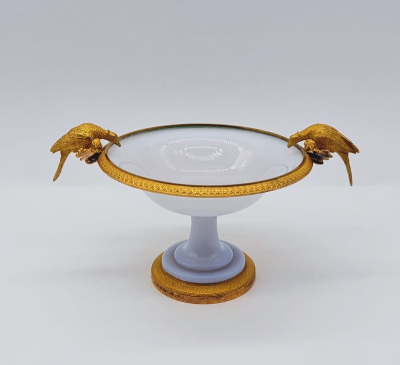 Early 19 Century Opaline Bulle De Savon Tazza With Pliny Doves: 1815-1830 French Opaline glass Tazza with a gilt bronze mount that is delicately sculpted with doves sculptures . The gilt bronze border is adorned with a finely chiseled decoration of flowers. Handle