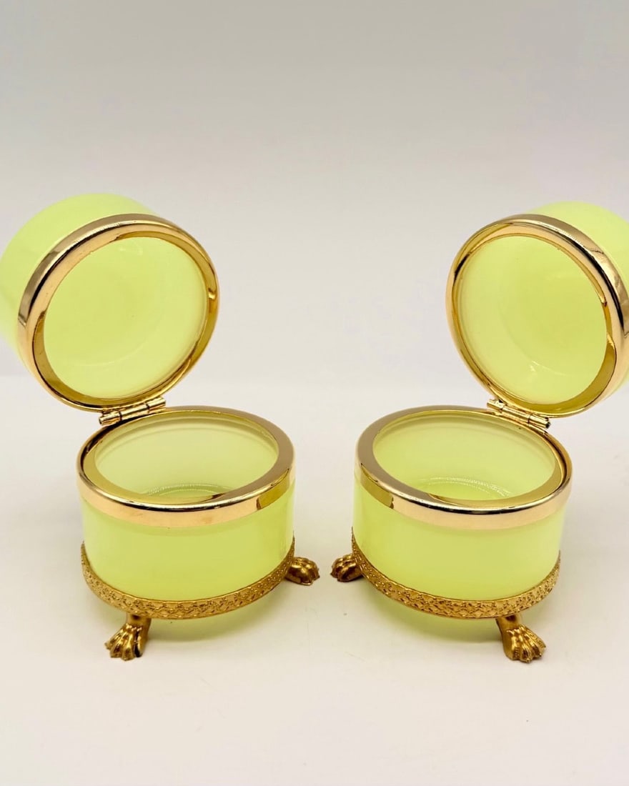 Pair of opaline glass boxes resting on gilt bronze lion-shaped feet: Pair of French opaline glass boxes resting on gilt bronze lion-shaped feet.H: 7.5 cmD: 6.5 cmPerfect condition!