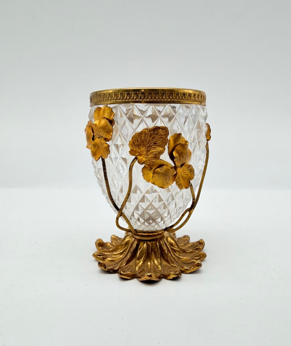 Antique Baccarat Crystal Glass Vase Bronze Doré Floral Attached Decor: Perfect condition.Measures:8,7cmDiam.across the rim:5,7cm