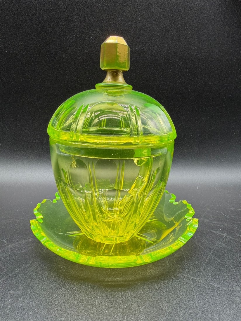Antique Bohemian Uranium Glass Covered Cup And Saucer, Sahleplik For Middle East Market: History:The Ottoman market became a significant customer of European porcelain and glass in the eighteenth century and European factories began producing a range of products including dishes, bowls an