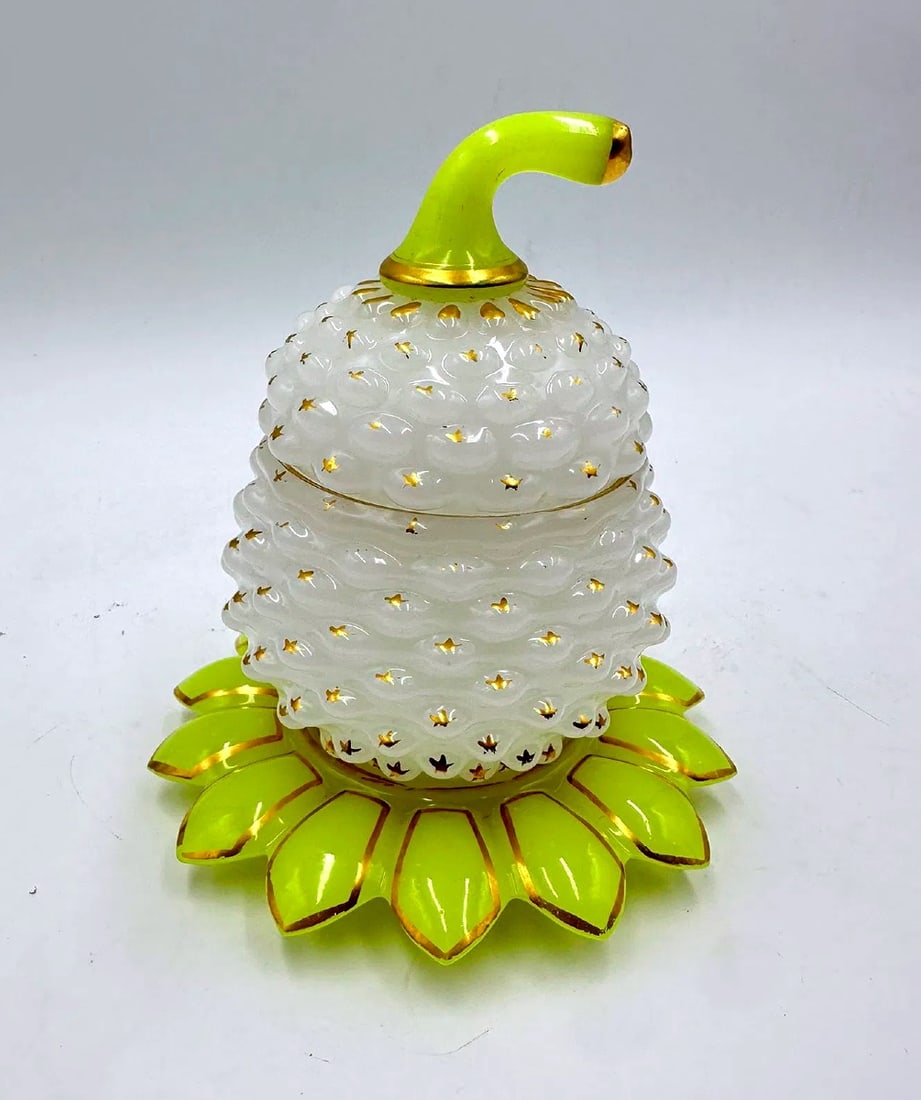 Baccarat Opaline Sugar Pot And Cover In A Shape Of Pine Apple" Pate De Riz",1845-1865 #1: A white opaline pineapple-shaped covered box decorated with gold stars, the fretel and the dish in yellow opaline Ouraline. Box or sugar pot is in two-tone ‘rice paste’ ( Pate de Riz) technique.Da