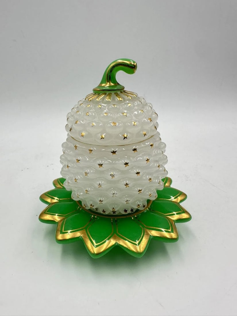 Baccarat Opaline Sugar Pot And Cover In A Shape Of Pine Apple" Pate De Riz",1845-1865 #2: A white opaline pineapple-shaped covered box decorated with gold stars, the fretel and the dish in green opaline Ouraline. Box or sugar pot is in two-tone ‘rice paste’ ( Pate de Riz) technique.Dat