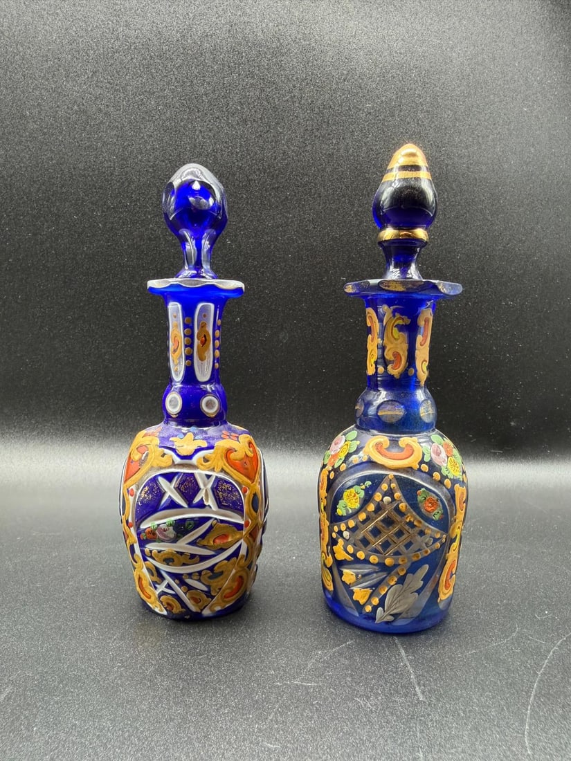 Pair of Antique Bohemian overlay glass perfume bottles Made for an Ottoman market: Pair of Antique Bohemian overlay glass perfume bottles Made for an Ottoman market.Richly enamelled.Good condition