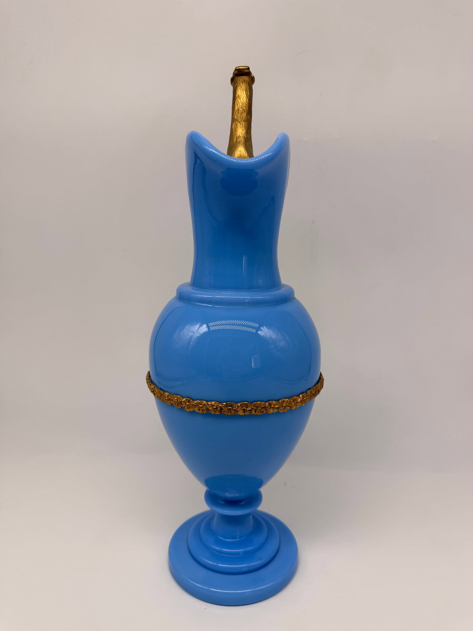 French Opaline Lavender colour Ewer decorated with swan shaped Dore Handle,period of Charles X: Extremely Rare Antique French Lavender Opaline glass Ewer.Listed in French Opaline books.Condition:Perfect Measures:38cm highProvenance:Private collection.Beginning with the reign of Charles X, the fo