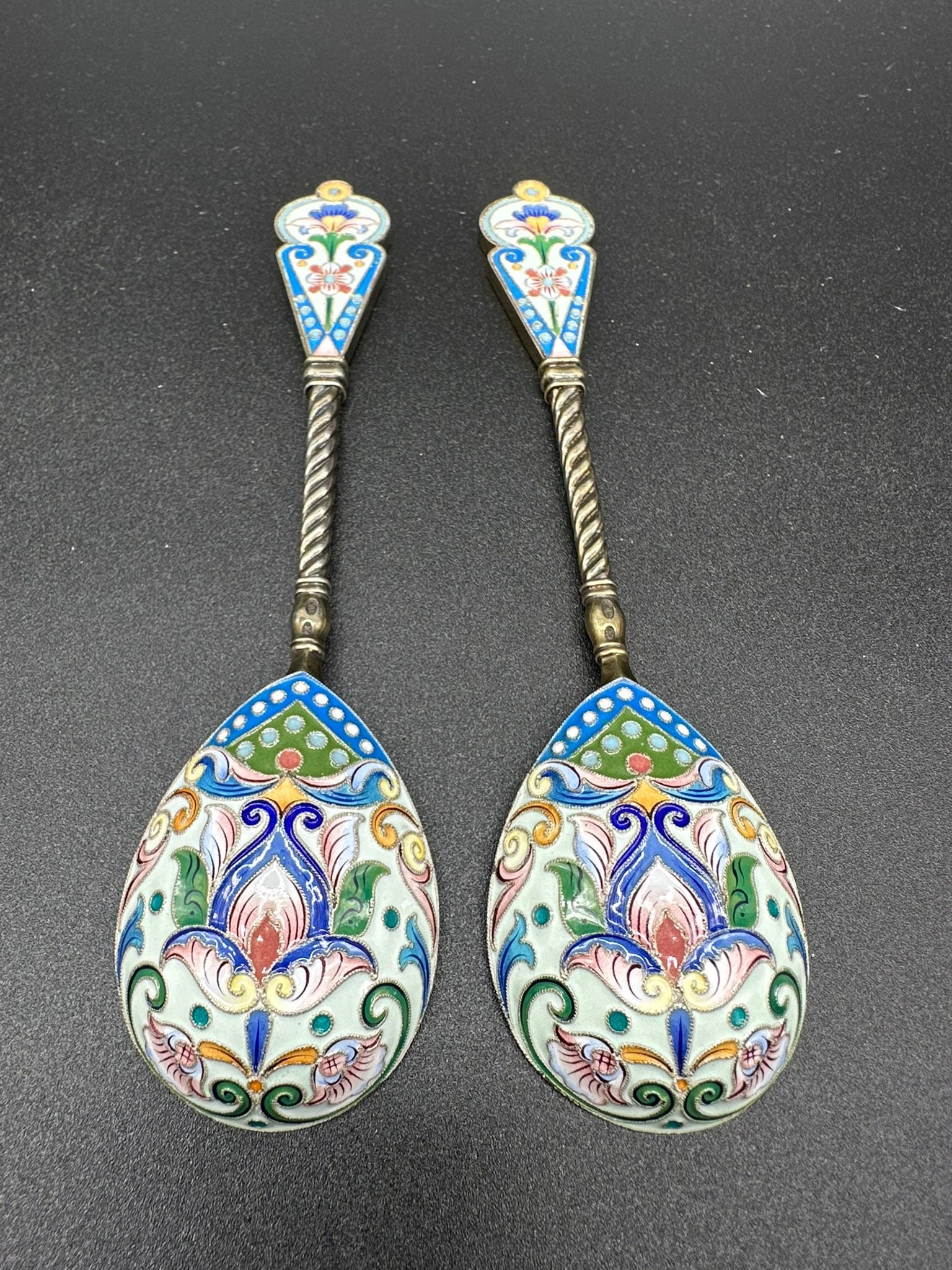 Pair of Russian Imperial Silver gilt Shaded Cloisonné Enamel spoons (1 of 11)