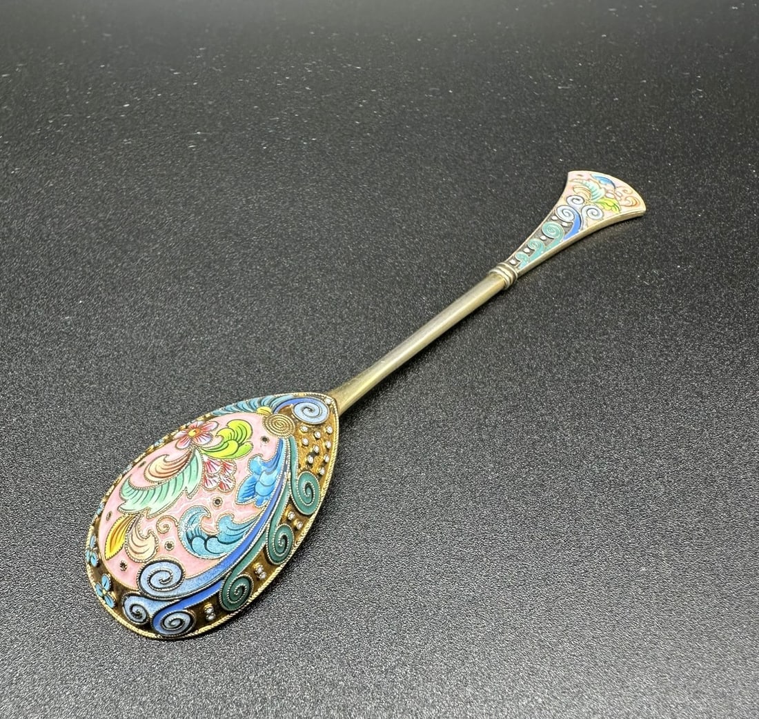 Russian Imperial Shaded Enamel Silver spoon,6 Artel (1 of 11)