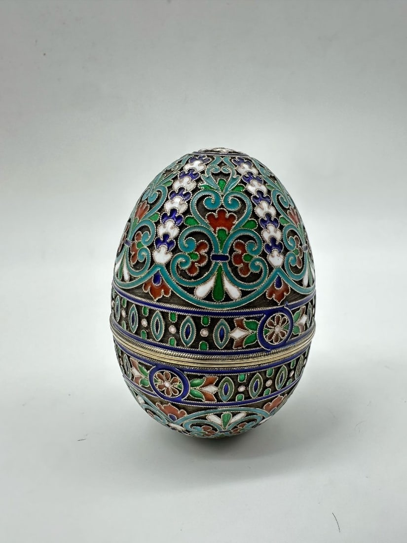 Large Russian Silver Gilt Enamel Presentation Egg,3 artel: Antique Russian cloisonne enamel egg.Hallmarked 84 standard silver mark3Artel hallmarks.Perfect conditionMeasures:7,6cm High