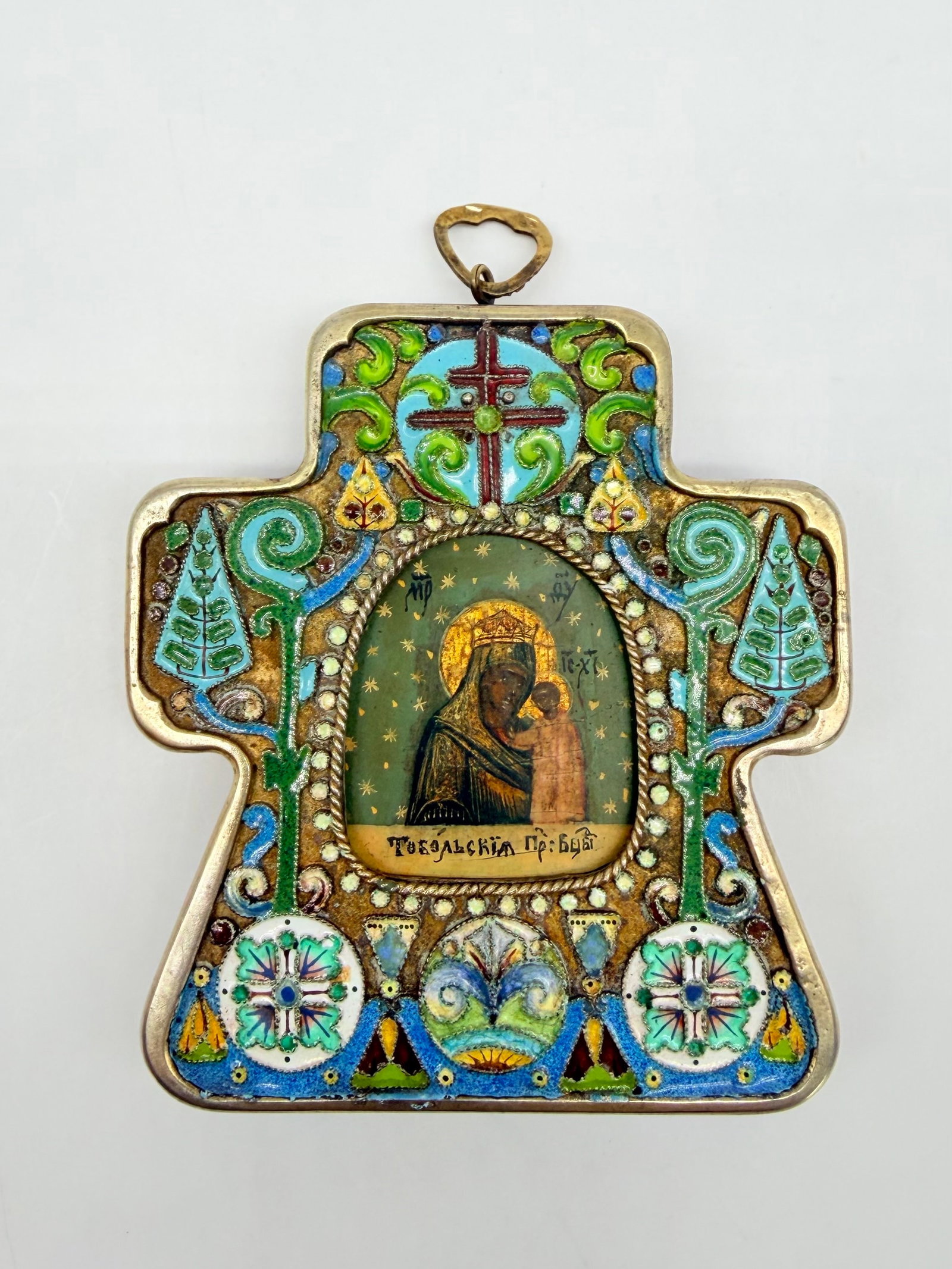 Very Rare Russian Silver Enamel icon of Tobolskaya Mother of God(?????????: Ovchinnikov Icon,Russian Silver Enamel icon of Tobolsk Mother of God.Marks:Ovchinnikov,1895,P.O.initials and “Ovchinnikov” in Russian,double headed eagle;Town marks:St.George on the