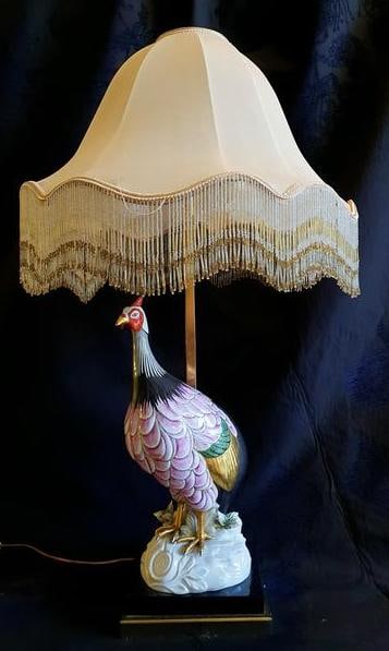 Vintage Italian Porcelain Lamp with shade in a shape of a Peacock.: Sumptuous Porcelain Lamp Made In Italy In The Sixties In The Shape Of A Peacock Height 92 cm