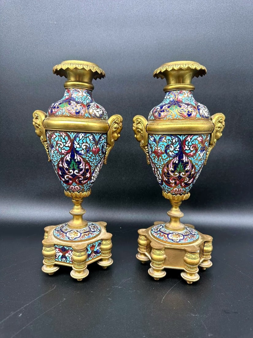 Pair of Champlevé cloisonné bronze vases in a style of Barbedienne (1 of 12)