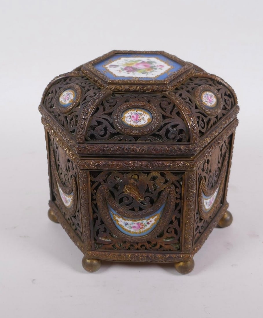 Antique French Casket With Porcelain Plaques,sevres Bronze Box With Plaques For Oriental Market (1 of 10)