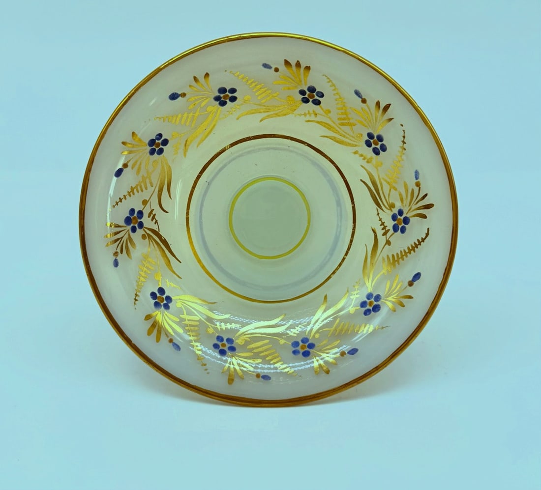 French Opaline glass Tazza by Jean Baptiste DESVIGNES: French opaline Tazza bowl raised on a foot , crafted from milky opaline crystal and richly decorated in the Desvignes style. The neck is adorned with a frieze created by the workshop of Jean-Baptiste 