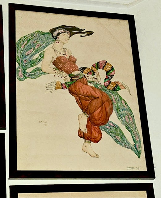 Leon Bakst painting of the Odalisque from Ballet "Scheherazade": Leon Bakst "Odalisque"Technique:Mix media,gouche,pencil,watercolour.Condition:Very good,some ink pencil spots on reverse.Signed and dated.Measures:50/36,5cm.Scheherazade, performed in 1910 at the Thé