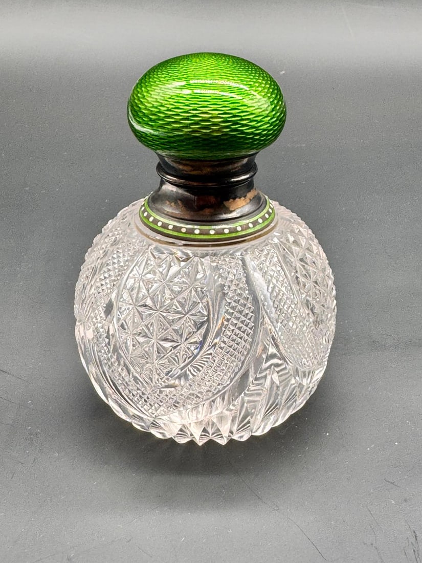 Antique Baccarat glass perfume bottle with guilloche enamel and silver bulbous shape top. (1 of 16)