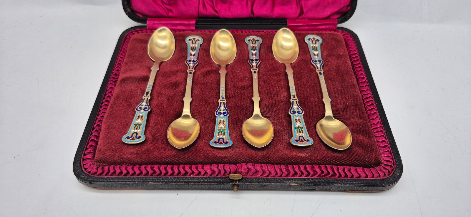A Set of Six Russian Silver-Gilt and Cloisonné Enamel Spoons, Moscow, 1899–1908 (1 of 9)