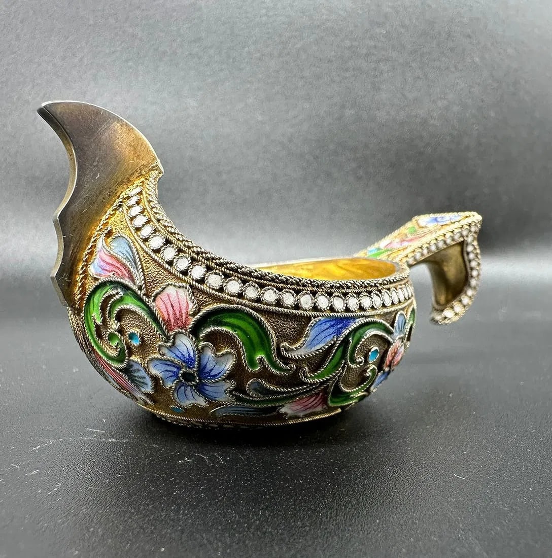 Russian Antique Silver Enamel Kovsh in floral pastel colours (1 of 20)