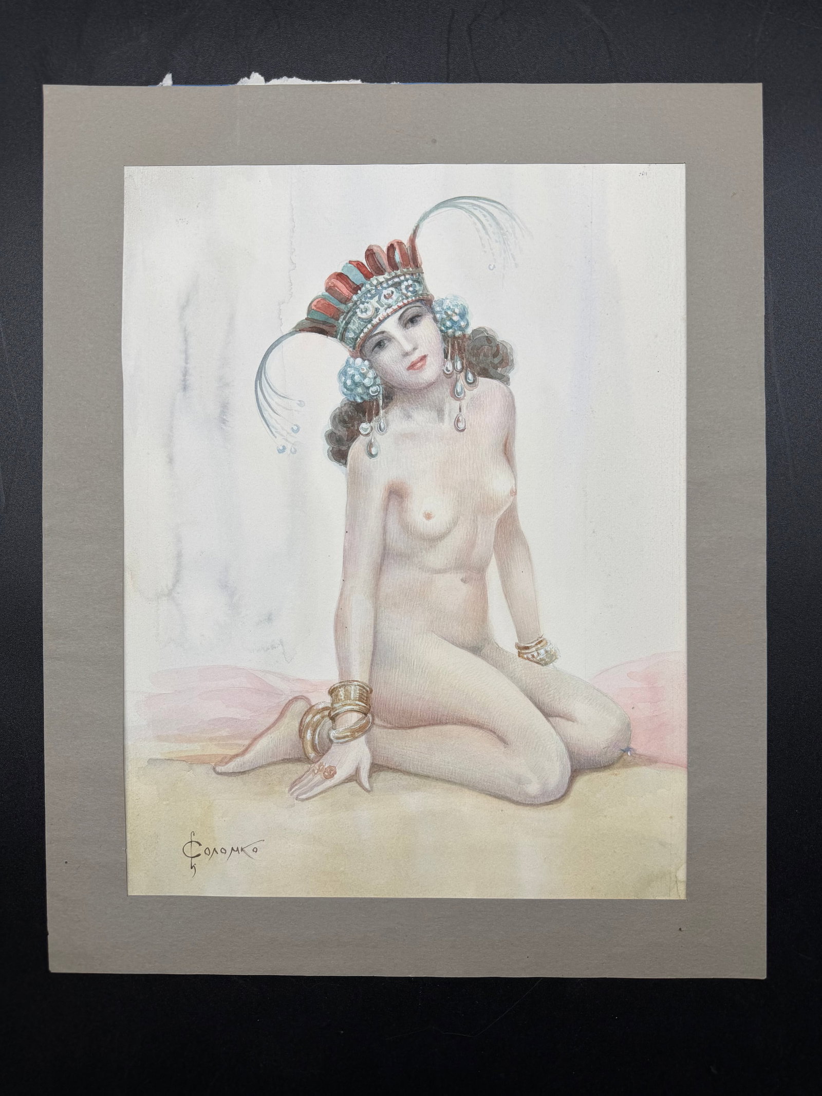 Sergei Sergeevich Solomko (1859/67–1926/28) | Portrait of a Nude Princess, Watercolour and Pencil: "Sergej Sergeevic SOLOMKO (1859, 1867–1926, 1928)Portrait of a nude princessWatercolour and pencil.Signed.Framed under glass.H 30 cm; W 21.5 cm.Very good condition.A major artist of the Russian styl
