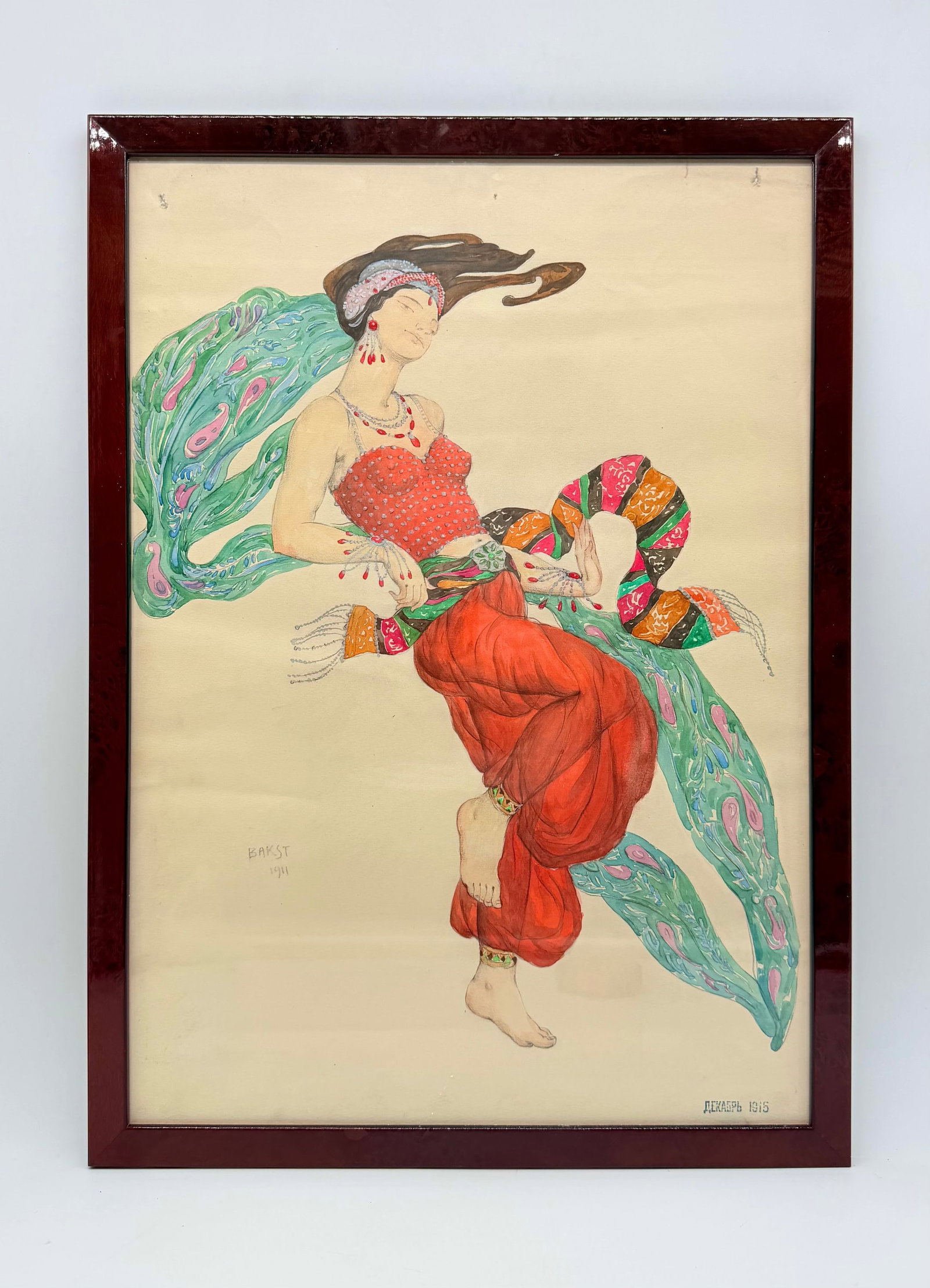 Léon Bakst (1866–1924) | Schéhérazade, Costume Design for an Oriental Dancer, 1911: LÉON BAKST (1866–1924), afterSchéhérazadeCostume design for an oriental dancerWatercolour, gouache and pencil on paper.Inscribed “BAKST 1911” lower left and bearing a stamp dated “?????