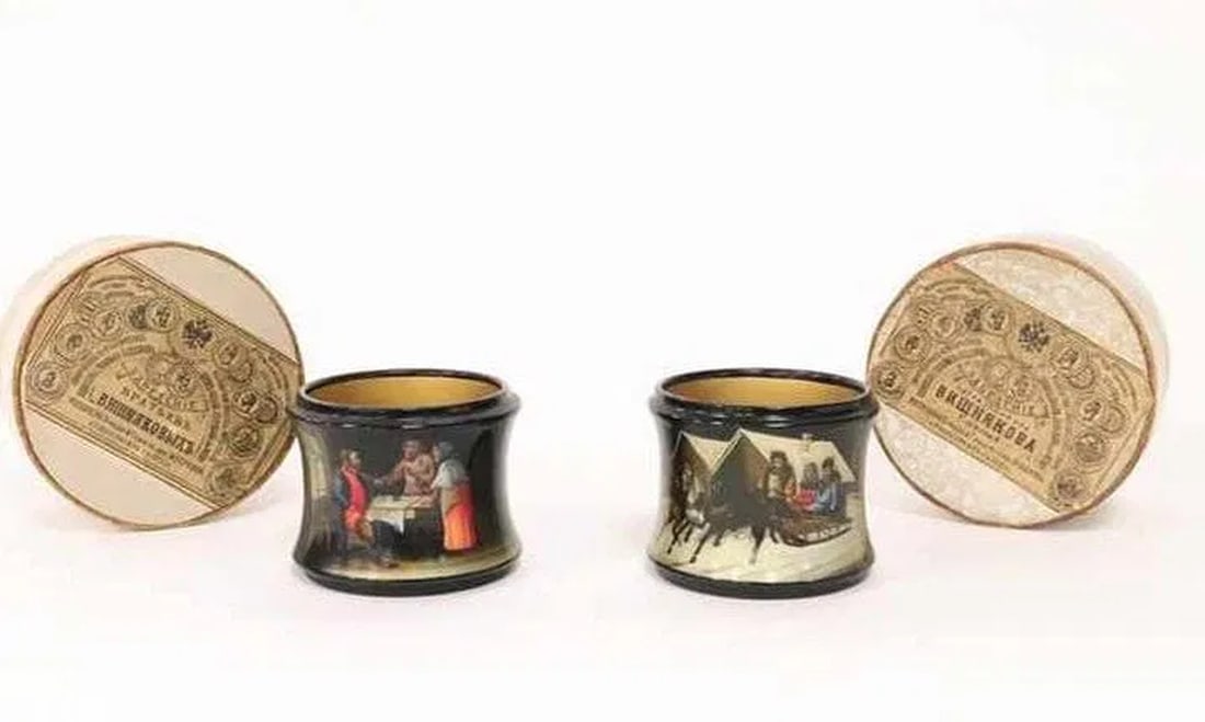 Pair F Russian Lacquer Papier Mache Napkin Rings By Vyshniakov In Original Boxes (1 of 17)