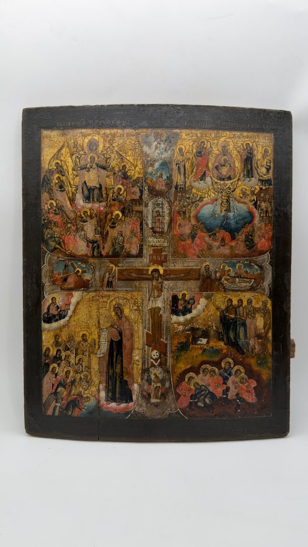 Northern Russian School, 18th Century, Large Quadripartite Icon Of The Crucifixion: NORTHERN RUSSIAN SCHOOL, from the vicinity of Solovki Monastery (second half of the 18th century)Large four-panel icon depicting the Crucifixion, scenes from the Passion, depictions of the Virgin Mary