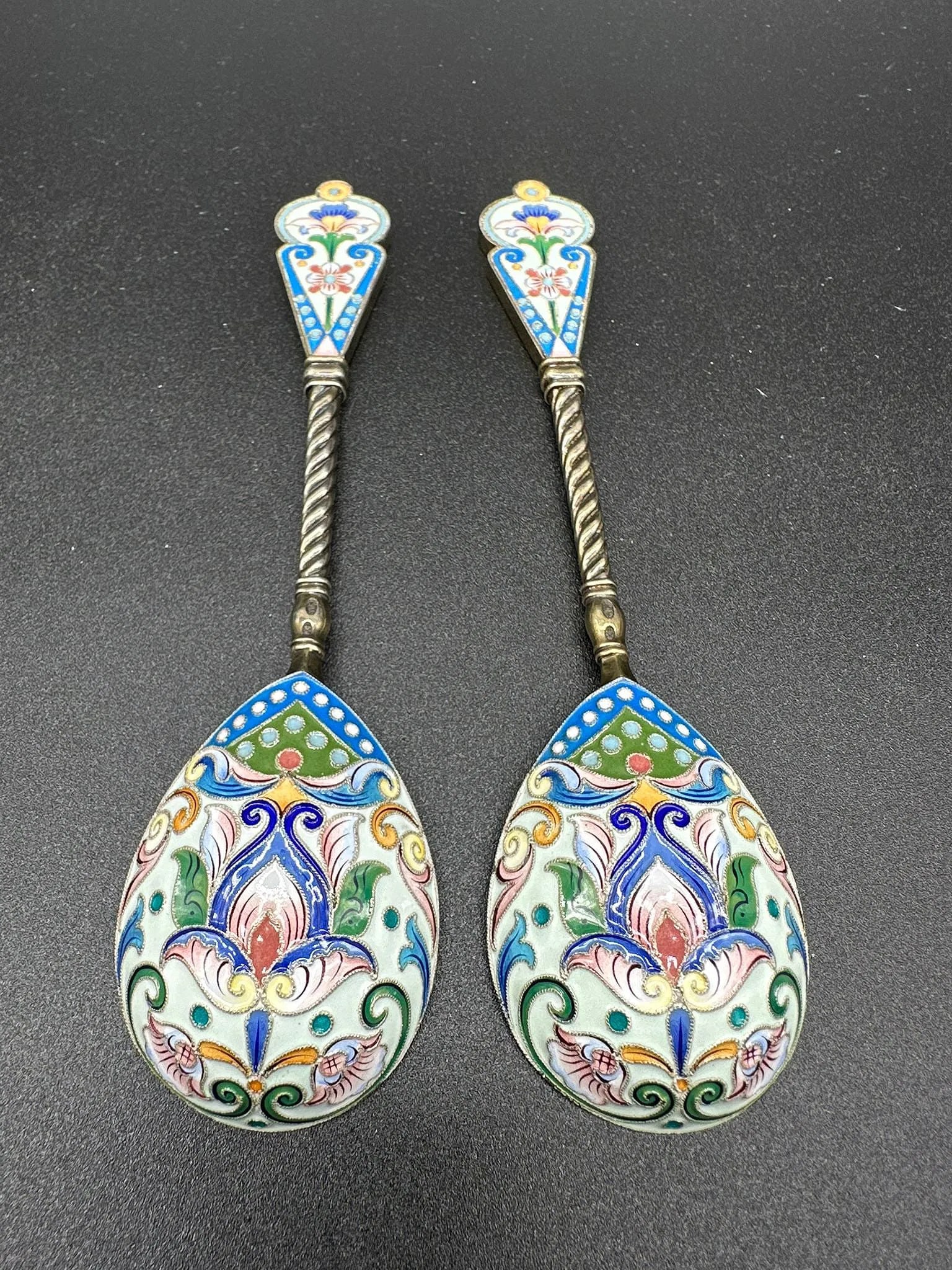 MAISON FABERGÉ: A Pair of Russian Silver-Gilt and Shaded Cloisonné Enamel Spoons, 1898–1908 (1 of 11)