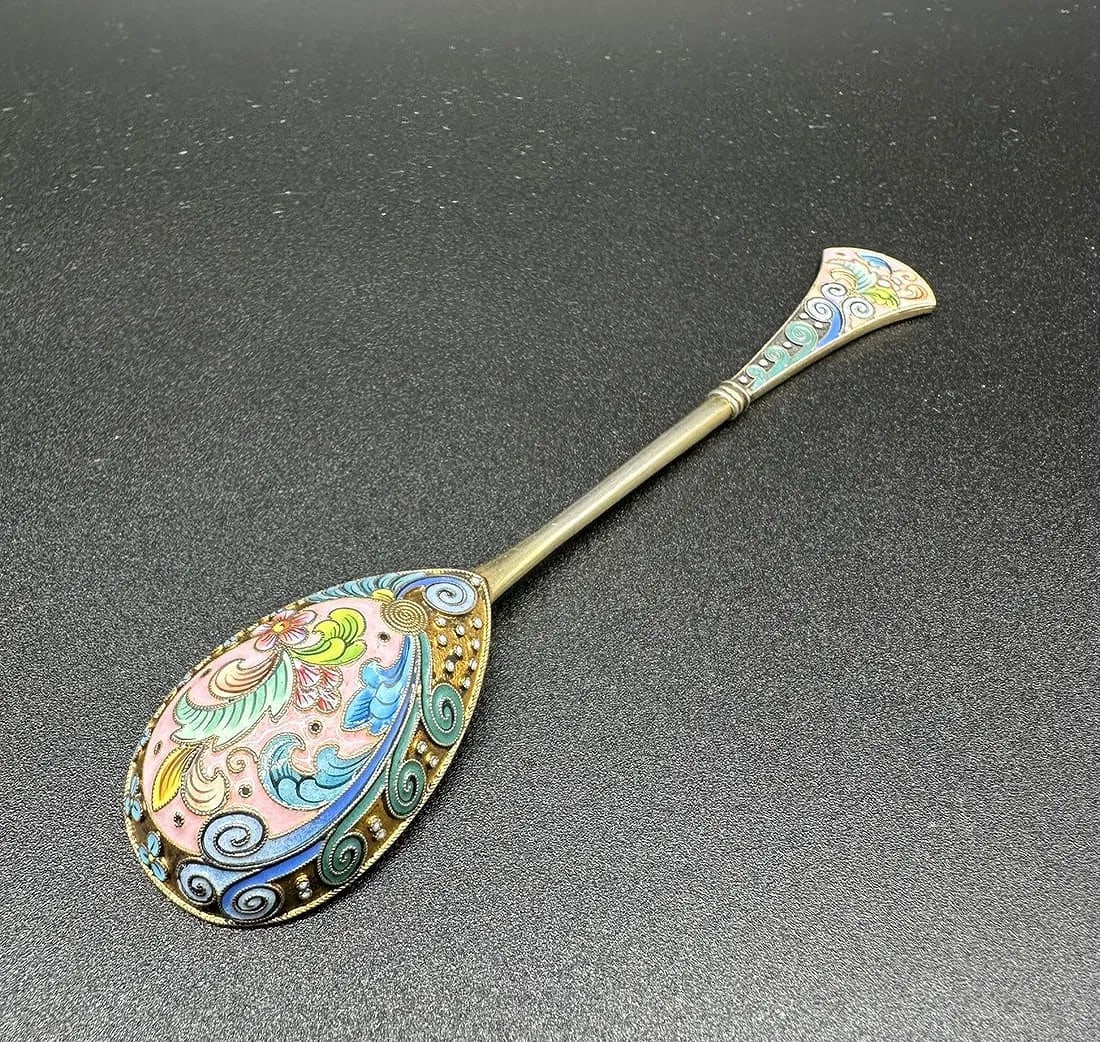 6TH GOLDSMITHS’ ARTEL: A Russian Silver-Gilt and Shaded Cloisonné Enamel Sugar Spoon, 1908–1917 (1 of 11)