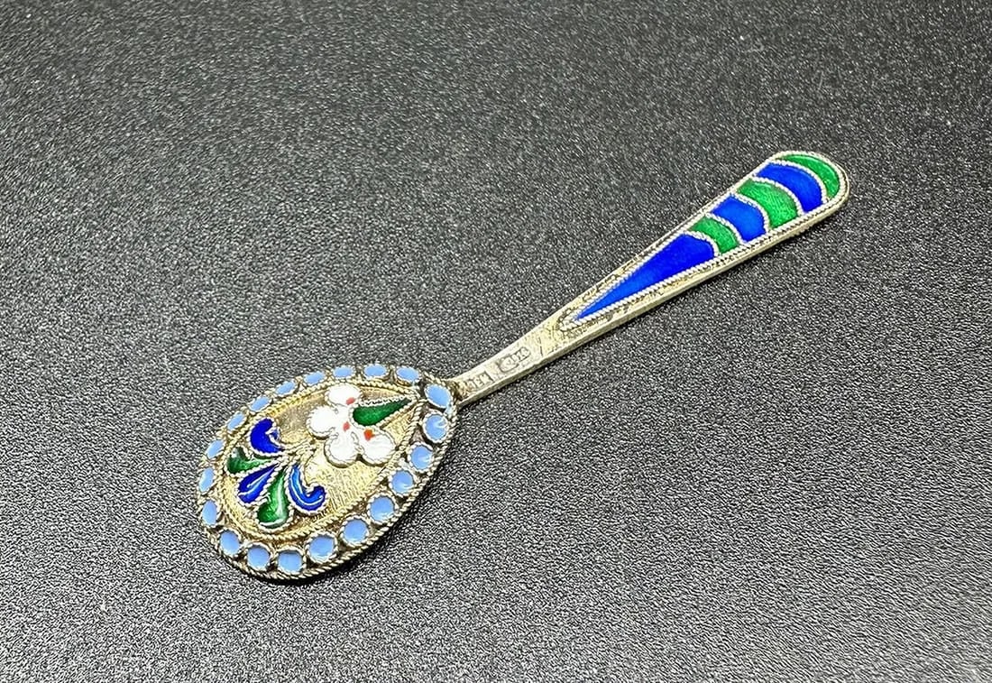 A Russian Silver-Gilt and Cloisonné Enamel Salt Spoon, Bearing the Maker’s Mark “9?? (1 of 9)