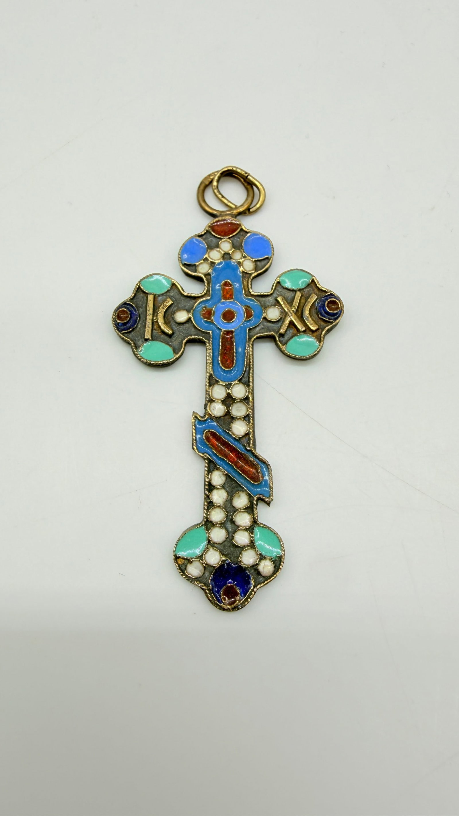 Russian Work, Late 19th–Early 20th Century, Gilt-Silver and Cloisonné-Enamel Pectoral Cross. 8th: RUSSIAN WORK, LATE 19TH – EARLY 20TH CENTURYOrthodox pectoral cross with triplice in gilt silver and polychrome cloisonné enamel, decorated with geometric and stippled motifs (white, sky blue, midn