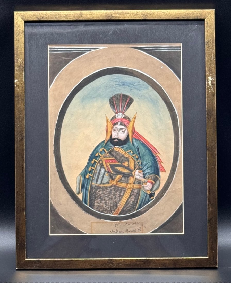 Ottoman School (19th Century) Portrait Of Sultan Murad Iv. Gouache And Watercolour #7: OTTOMAN SCHOOL (19th century)Portrait of Sultan Murad IV.Gouache and watercolour on paper,inscribed at the bottom in a cartouche in Arabic and Latin script: ‘Sultan Murad’.Framed under glass.H_28 