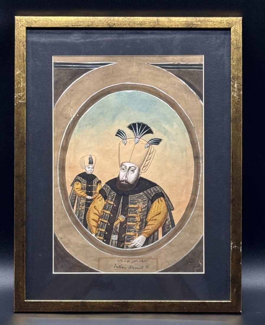 Ottoman School (19th Century) Portrait Of Sultan Ahmed III, Gouache And Watercolour #5: OTTOMAN SCHOOL (19th century)Portrait of Sultan Ahmed IIIgouache and watercolour on paper,inscribed at the bottom in a cartouche in Arabic and Latin script: ‘Sultan Ahmed’.Framed under glassH 28 c