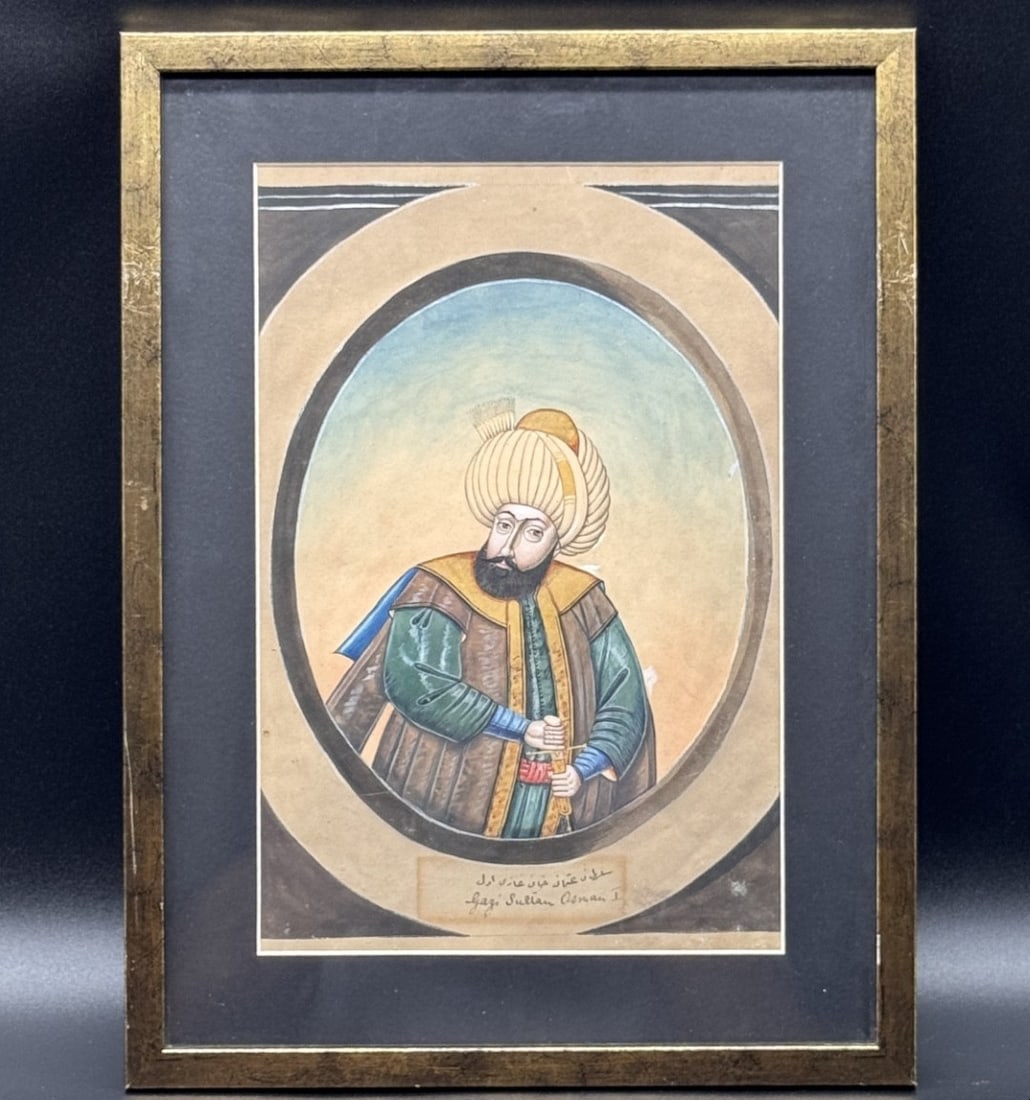 Ottoman School (19th Century) Portrait Of Sultan Osman Gazi. Gouache And Watercolour #3: OTTOMAN SCHOOL (19th century)Portrait of Sultan Osman Gazi.Gouache and watercolour on paper,inscribed at the bottom in a cartouche in Arabic and Latin script: ‘Sultan Osman’.Framed under glass (vi
