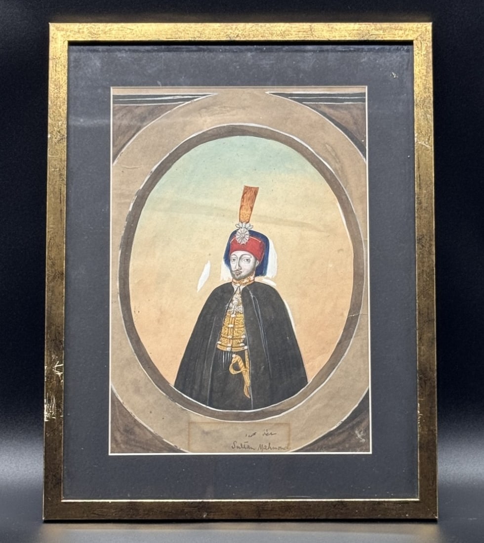 Ottoman School (19th Century) Portrait Of Sultan Selim III Gouache And Watercolour #2: OTTOMAN SCHOOL (19th century)Portrait of Sultan Selim IIIGouache and watercolour on paperinscribed at the bottom in a cartouche in Arabic and Latin script: ‘Sultan Selim’.Framed under glass (visib