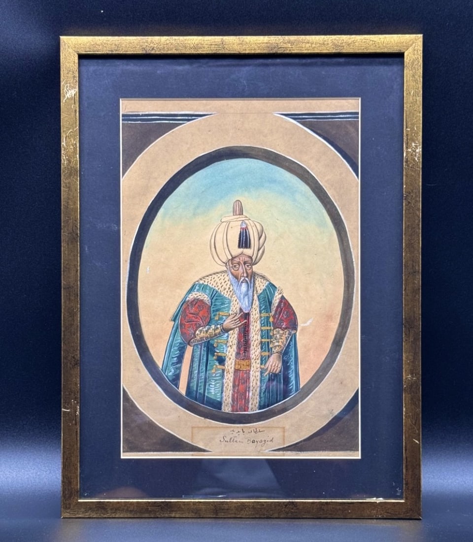 Ottoman School (19th Century) Portrait Of Sultan Bayezid, Watercolour And Gouache #1: OTTOMAN SCHOOL (19th century)Portrait of Sultan Bayezid,gouache and watercolour on paper,Inscribed at the bottom in a cartouche in Arabic and Latin script: ‘Sultan Bayazid’.Framed under glass. H 3
