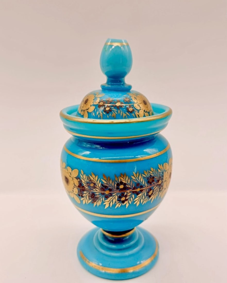 FRENCH BLUE OPALINE GLASS COVERED JAR BY JEAN-BAPTISTE DESVIGNES (1792-1846), CHARLES X PERIOD, (1 of 14)