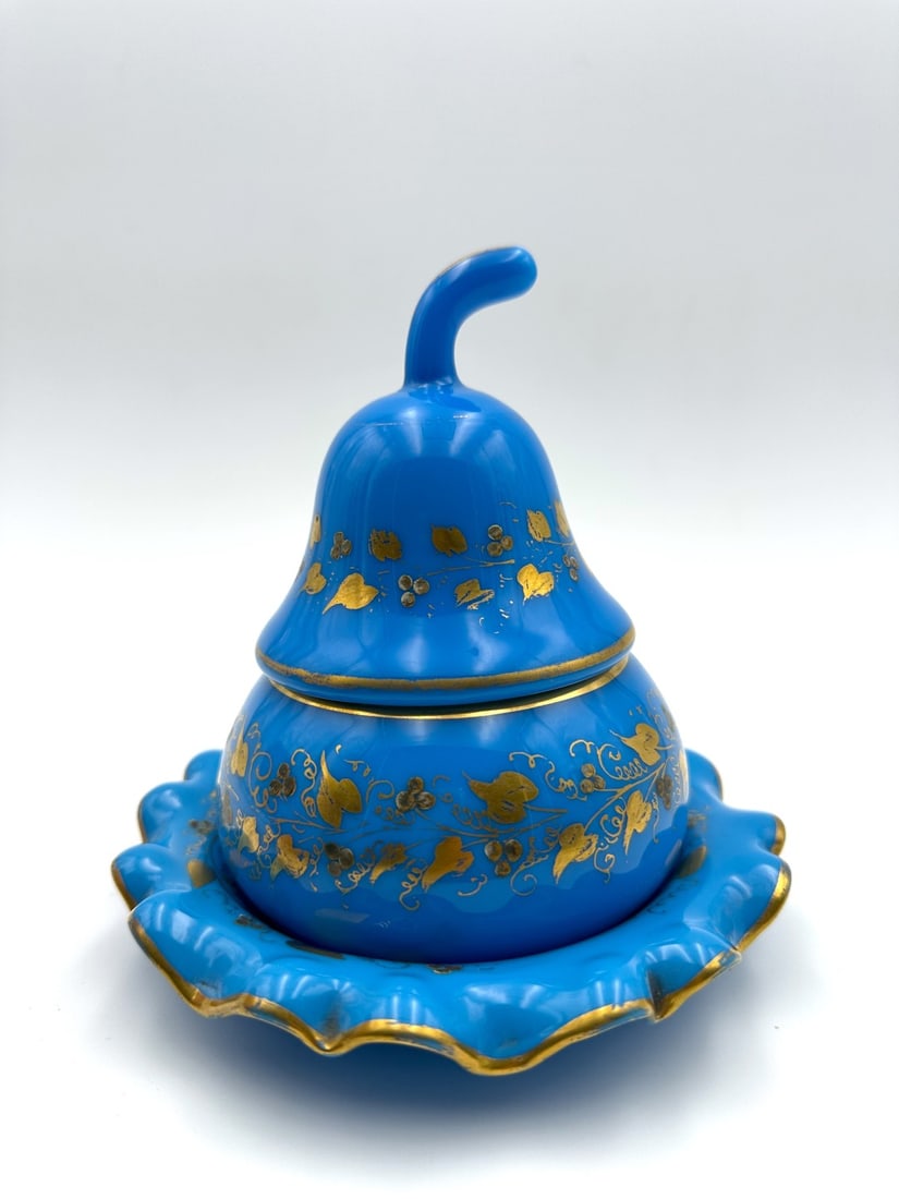 FRENCH BLUE OPALINE GLASS PEAR-FORM BONBONNIÈRE SET, NAPOLEON III PERIOD, CIRCA 1850–1870 (1 of 15)