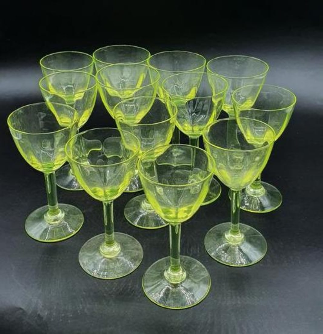 ANTIQUE VASELINE URANIUM GLASS STEMWARE SET (13 PIECES), LATE 19TH / EARLY 20TH CENTURY (1 of 6)