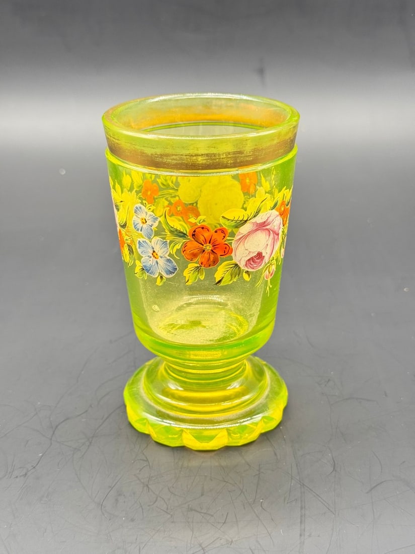 ANTIQUE BOHEMIAN ENAMELED URANIUM GLASS VASE, LATE 19TH / EARLY 20TH CENTURY (1 of 11)